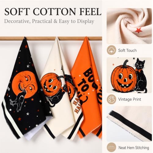 Tudomro 3 Pack Vintage Halloween Kitchen Towels, 18x28inch, Cotton