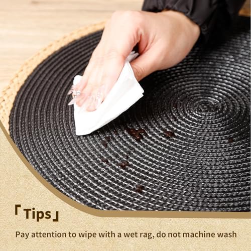 Round Weave Placemats Set of 6, Black with Beige Woven Edge, 15 Inch