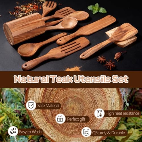 MYRAINBOW 10-Piece Teak Wooden Utensil Set with Holder