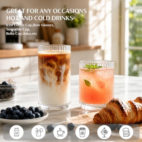 INSETLAN Ribbed Drinking Glasses Set of 12 – 6 Highball Glasses 12oz