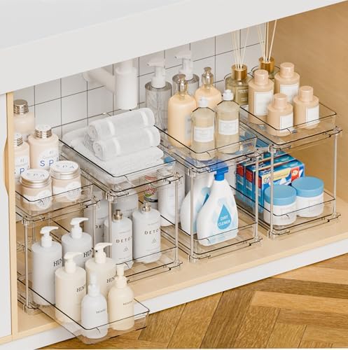 Yieach 4 Pack Under Sink Organizers and Storage,Clear Acrylic Bathroom
