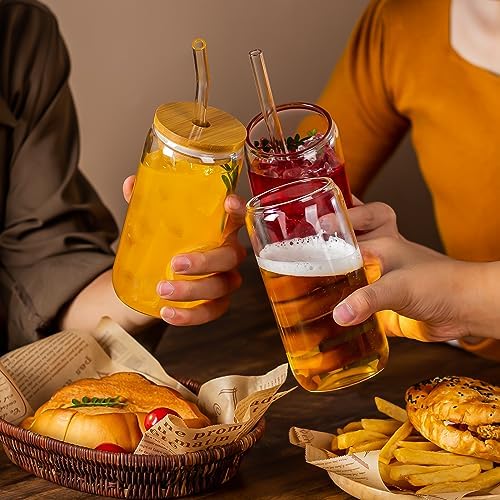 16 Oz Glass Cups, 6 Pcs with Bamboo Lids and Straws