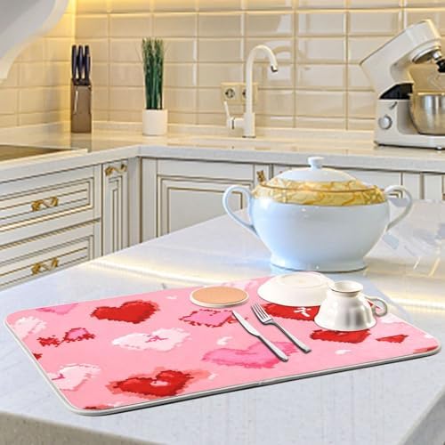 OTVEE Charming Pixel Heart Art Dish Drying Mat for Kitchen Counter