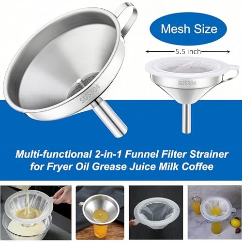 Kitchen Funnel with Strainer and 200 Fine Mesh Filter, 5 Inch Food