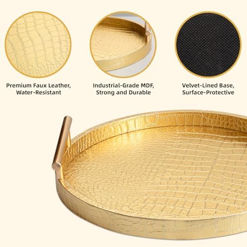 Modern Decorative Tray Set of 2, Wooden Round Crocodile Leather Tray