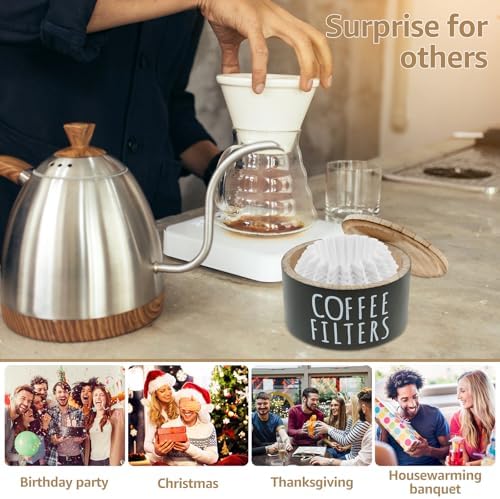 Coffee Filter Holder, Wooden Coffee Filter Storage with Lid, Round