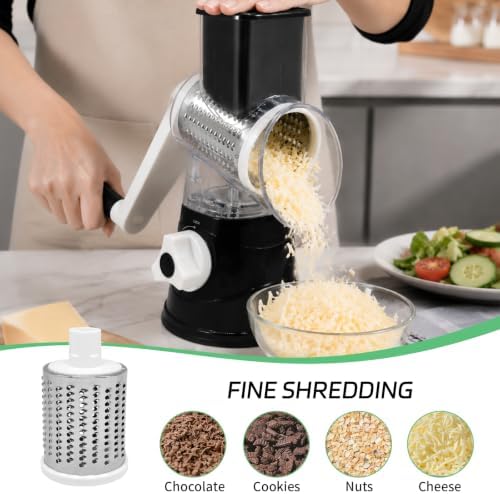 Rotary Cheese Grater, Hand Crank, 3 Blades, Black