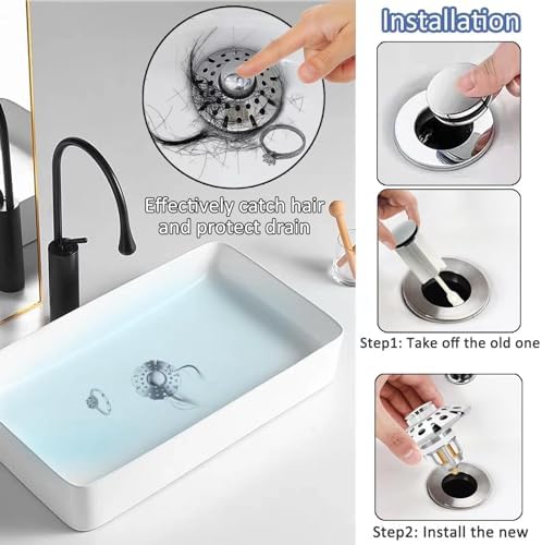 AzWzz Bathroom Sink Stopper with Hair Catcher, Pop Up Sink Drain