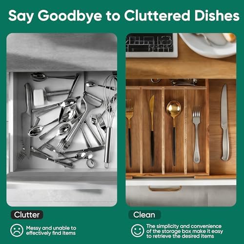 Acacia Wood Silverware Organizer, 7-Compartment Expandable Drawer Tray