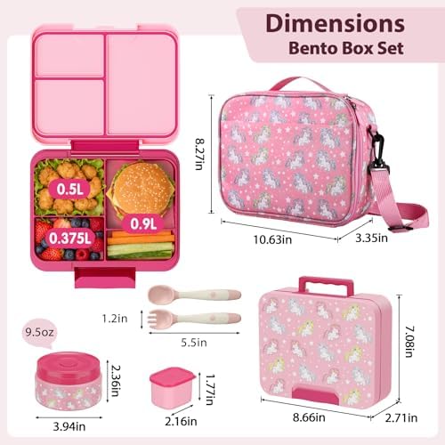 Kids Bento Lunch Box Set with 9.5oz Soup Thermo, Leak-Proof Lunch Food