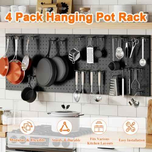 Hencawima Wall Mounted Peg board, 4 Pack Pot and Pan Organizer with 20 Hooks, Modular Kitchen Storage for Pots, Pans, Lids and Utensils, Easy Assembly
