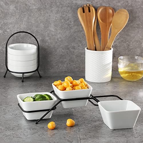 Buyajuju 3 pcs square bowl Porcelain Chip & Dip Serving Set With Black Metal Stand,4.5 inch White Small Serving Bowls for Side Dishes, Salsa, Appetizer, Serving Dishes for Entertaining 11.5 OZ