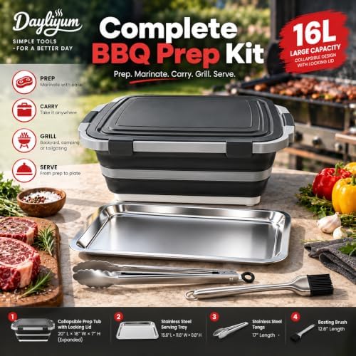 4-Piece Set, 16L Collapsible BBQ Prep Tub with Locking Lid & Prep