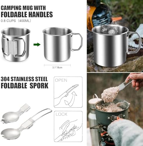 Odoland 8pcs Camping Cookware Mess Kit, Camping Pot and Pan Set with