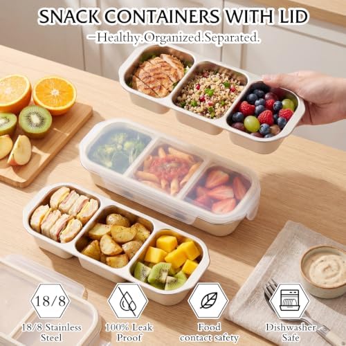 FoldTier 20oz Stainless Steel Snack Container Bento Box, Beige, 4 Pack