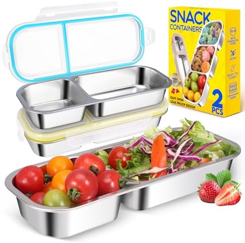 2 Pack Stainless Steel Snack Containers, 2-Compartment Bento Boxes for