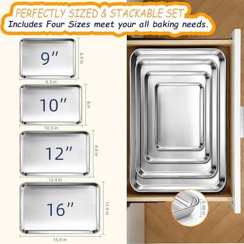 CEKEE Baking Sheet Set of 4, Stainless Steel Cookie Sheets for Baking