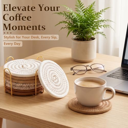 OIAHOMY 8 Pcs Coasters with Holder for Beer, Coffee, Woven Cotton