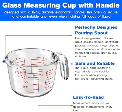 Glass Measuring Cup with V-Shaped Spout & Insulated Handle, 1 Cup(8oz)