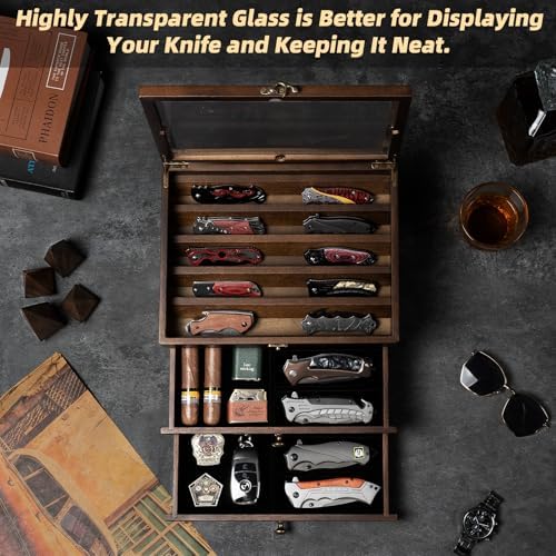 Knife Display Case with Glass Lid, 3-Layer