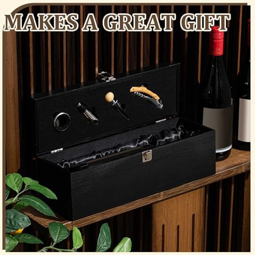 1 Pc Retro Wooden Wine Gift Box with 4 Accessories, Bamboo, Black