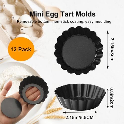 3 Inch Mini Quiche Pans 12 Pack, Round Egg Tart Molds with Removable