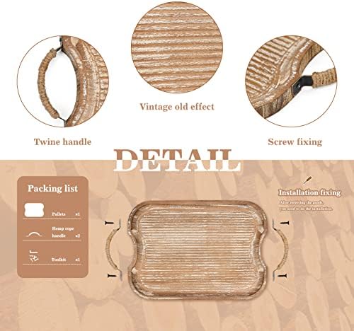 Rustic Wood Serving Tray with Metal Twine Handles Set of 2 Rectangular