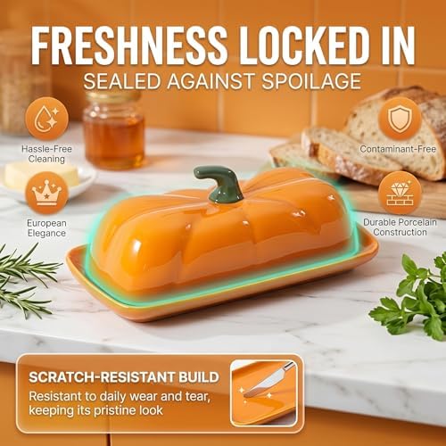 Ceramic Pumpkin Butter Dish with Lid - Halloween Kitchen Countertop