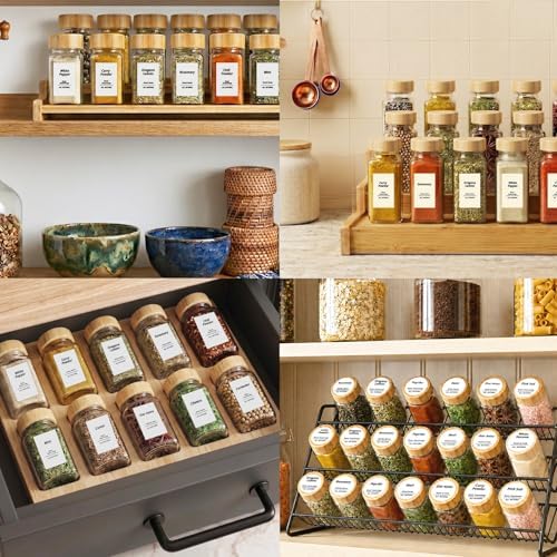 SHOWIN Spice Jars with Label, 4oz Spice Containers with Bamboo Lids
