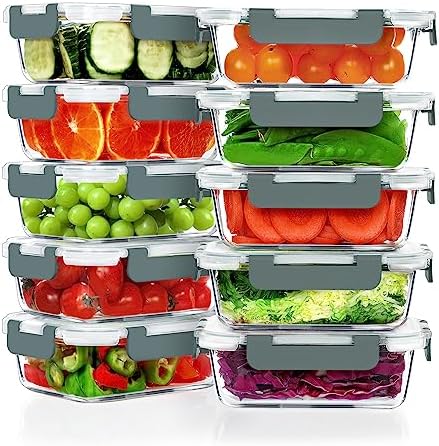 VERONES 10 PACK 22 OZ Glass Meal Prep Containers, Grey