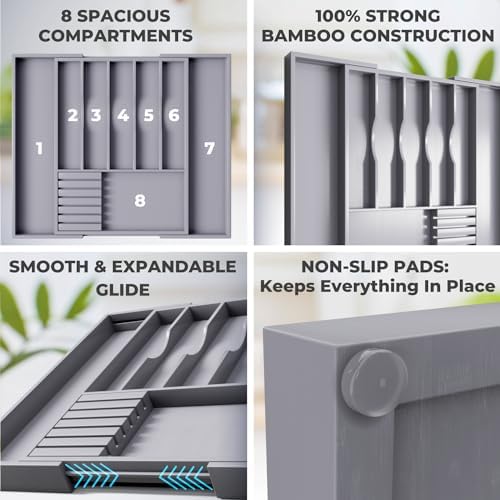 Premium Expandable Kitchen Drawer Organizer - 100% Bamboo Organizer Tray - Great for Silverware, Large Utensils, Flatware, Cutlery - 8 Compartments with Knife Block - Perfectly Fits Your Drawers