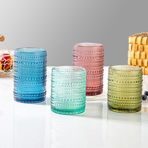 SoulTimes Set of 8 Hobnail Drinking Glasses Colored Vintage Glassware