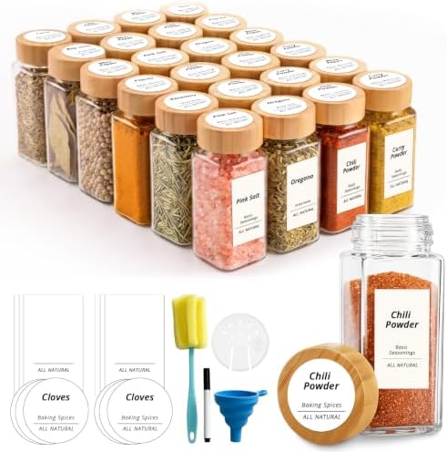 SHOWIN Spice Jars with Label, 4oz Spice Containers with Bamboo Lids