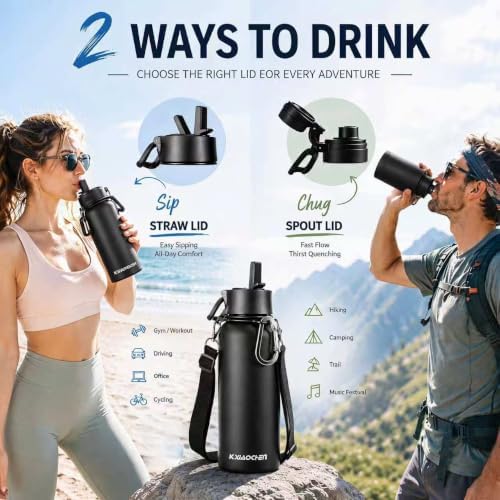 KXIAOCHEN Insulated Water Bottle with Strap, 48-Hour Cold, 2 Lids