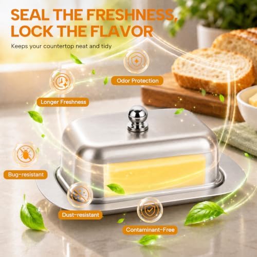 Sturdy Stainless Steel Butter Dish with Lid & Handle for Countertop