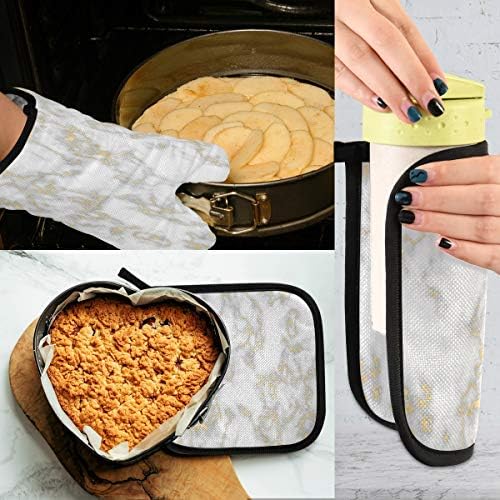 QMXO Gold Line Marble Texure Oven Mitts Quilted Cotton Lining