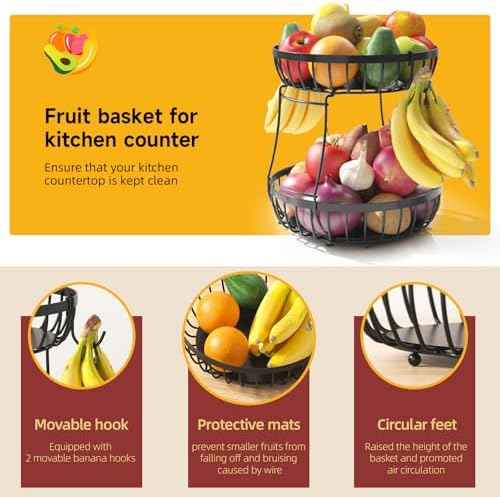 Sevenblue 2 Tier Large Fruit Bowl for Kitchen Counter with 2 Banana Hangers