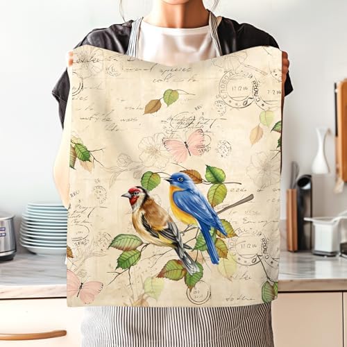 Vintage Birds Tea Towels Set of 4, 100% Cotton, 18.9 x 27.5 Inch