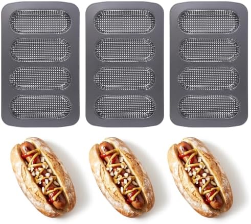 3-Pack Hot Dog Bun Pan, 4-Cavity Perforated Carbon Steel Bread Loaf