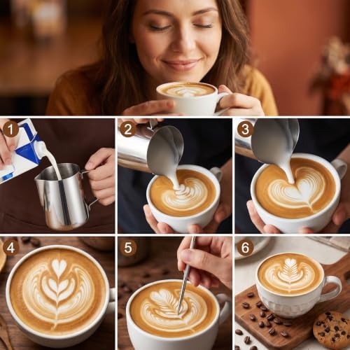 4 Pcs 20oz Stainless Steel Milk Frothing Pitcher Kit with Latte Art
