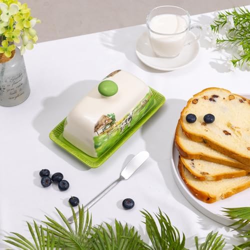 Cow Butter Dish with Lid for Countertop, Large Ceramic Embossed Butter