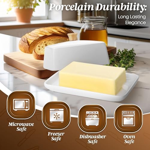 Flexzion Extra Large Ceramic Butter Dish with Lid, 8 Inch, White