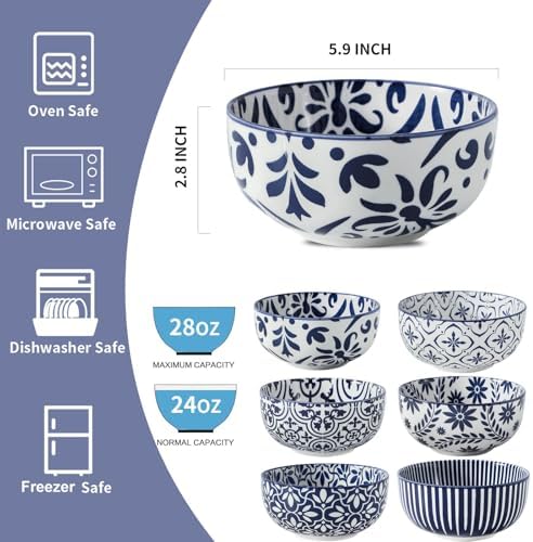 Soup Bowls, 28 Ounce Ceramic Cereal Bowls Set of 6
