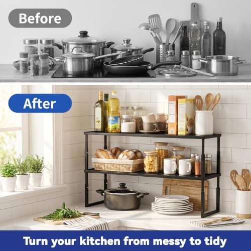 2 Packs Expandable Cabinet Shelf Organizer, Stackable Countertop Shelves