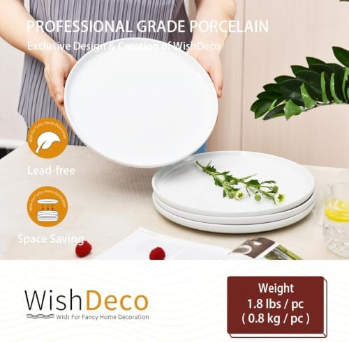 WishDeco White Dinner Plates Set of 4, Ceramic Dining Plates 10.5Inch