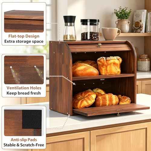 Sunhoo Wooden Bread Box for Kitchen Countertop, Roll Top Breadbox, Brown