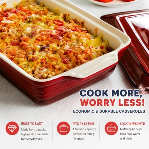 LOVECASA 4.5 Quart Ceramic Casserole Dish with Lid, Gradient Red