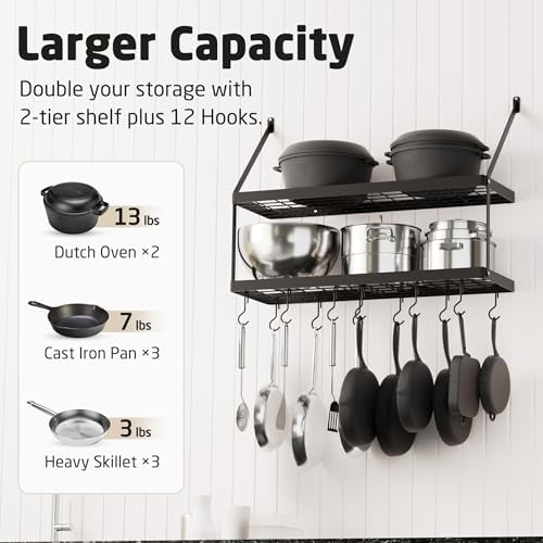 KES 2-Tier Wall Pot Rack, 30-Inch, 100 Lbs Load, Heavy-Duty, Matte Black
