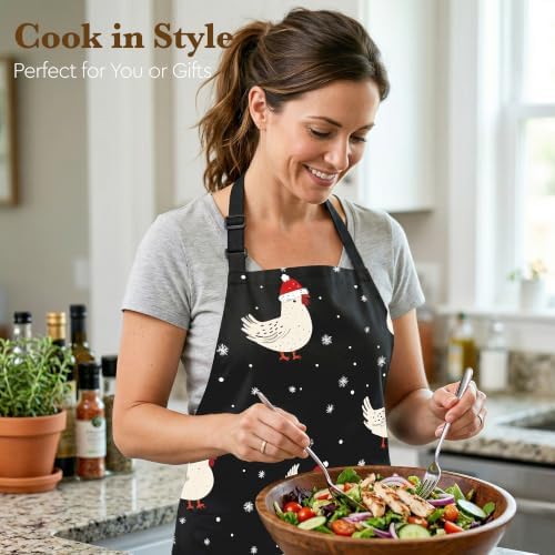 Cute Christmas Aprons for Women with Pocket, Funny Holiday Chicken