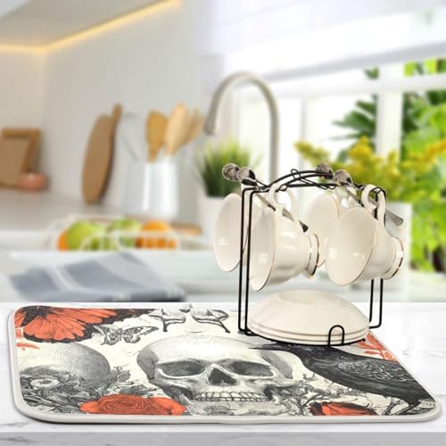 OTVEE Dark Art Of Skull Dish Drying Mat for Kitchen Counter Absorbent